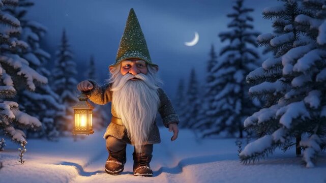 Fantasy garden gnome wizard with long white beard and green hat holding glowing lantern walking in snowy winter forest night

