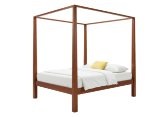 Isolated four-poster bed frame in a minimalist style with headboard and bedding setup