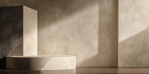textured plaster wall with geometric stone podium and delicate angled shadows creating balanced minimalist product mockup space