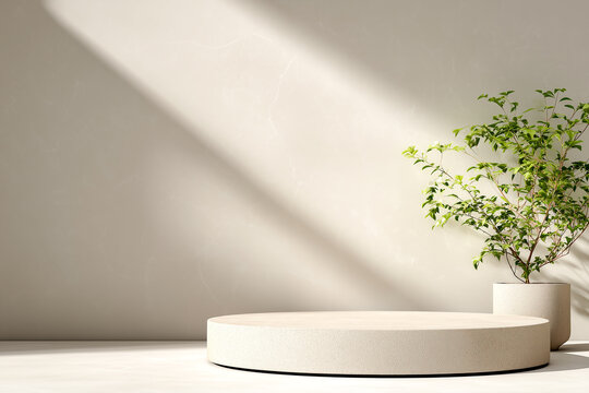 minimalist product stage with round podium soft botanical shadows and clean neutral wall creating elegant modern display environment