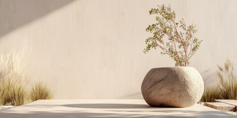 sunlit studio background with tall podium dramatic plant shadow and warm clean environment for minimal product staging