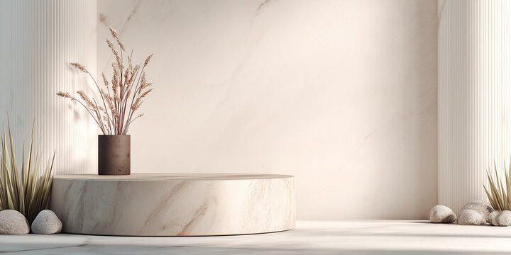 minimalist product stage with round podium soft botanical shadows and clean neutral wall creating elegant modern display environment - Powered by Adobe