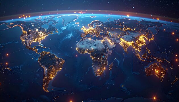 Earth from space, showing illuminated continents and connections, against a dark, starry background