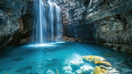 Dream where Serene waterfall in a rocky cave with turquoise pool and sunlight