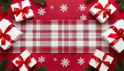 Obraz premium Festive holiday gift arrangement cozy home setting decorative image warm atmosphere top-down view celebration spirit with red and white theme