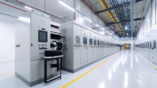 Electrical control panel room with white floor.