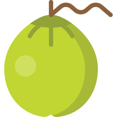 Green Whole Coconut with Brown Stem and Leaf Against Transparent Background Simple Graphic Illustration