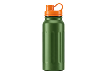 Isolated green water bottle with orange lid for hydration, camping, hiking and outdoor activity