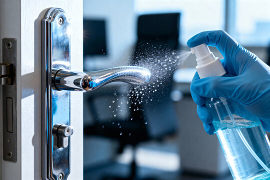 Spraying disinfectant on a door handle for hygiene and virus protection