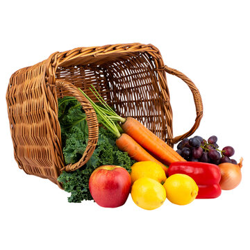 Fresh realstic fruits and vegetables spilling from a rustic wicker basket  isoleted on transparent background