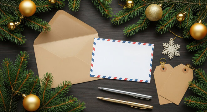 Christmas Letter Writing Scene with Envelope Pine Branches and Ornaments holiday