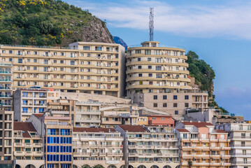 Buildings over sea in Rafailovici town on the Adriatic coast, Montenegro
