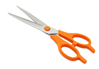 Isolated pair of scissors with orange handles open, cutting tool, home and office supply item