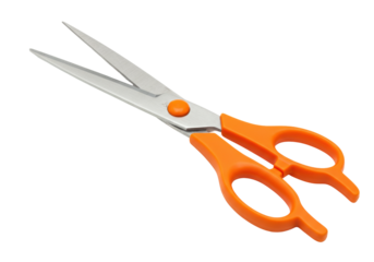 Isolated pair of scissors with orange handles open, cutting tool, home and office supply item