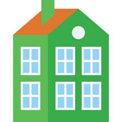 Green Two Story Residential House With Orange Roof And Six Blue Windows On Transparent Background