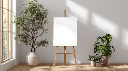 Blank canvas on easel in bright room with plants and sunlight indoors