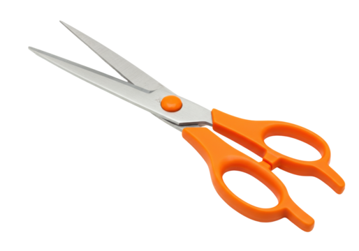Isolated pair of scissors with orange handles open, cutting tool, home and office supply item