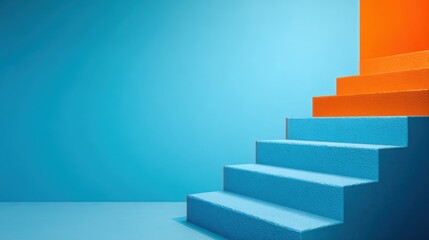 Fototapeta premium Blue staircase leading to orange door, symbolizing growth and opportunity