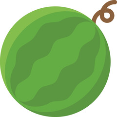 Green Watermelon With Brown Stem And Swirly Vine On A Transparent Background Fresh Fruit Healthy Food Summer Snack Natural Produce Organic Refreshing Juicy Sweet
