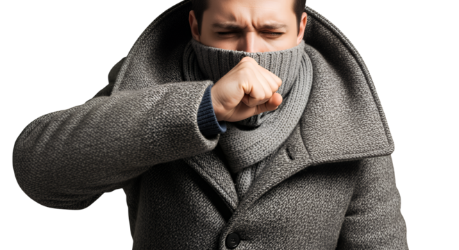 A young man feeling unwell, coughing into his fist while dressed warmly in a winter coat and scarf, indicating illness or cold weather, isolated on a clean transparent background