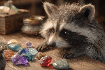 whimsical raccoon carefully sorting colorful stones on a wooden table in a playful imaginative fantasy setting