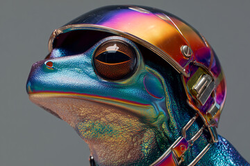 futuristic frog wearing a reflective chrome helmet creating an abstract sci-fi atmosphere with creative lighting