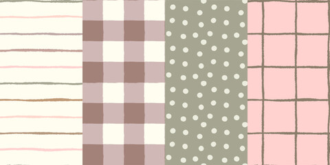 Earthy tones and pink seamless vector patterns set with dots, check, stripes and gingham designs, organic natural uneven lines backgrounds