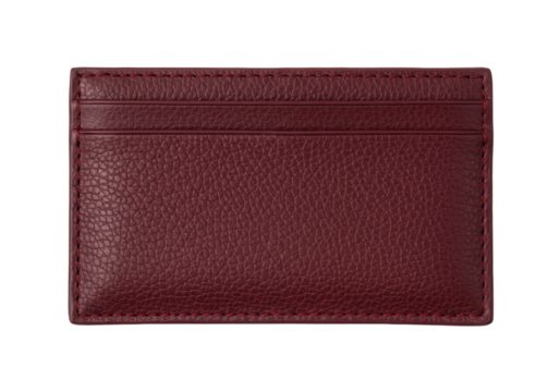 Isolated burgundy cardholder, slim wallet with multiple pockets, leather texture, clean design