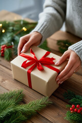 Woman's hands holding festive wrapped christmas present