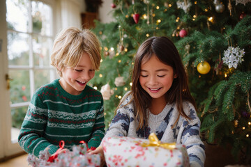 Two happy children preparing gift boxes for holiday celebration