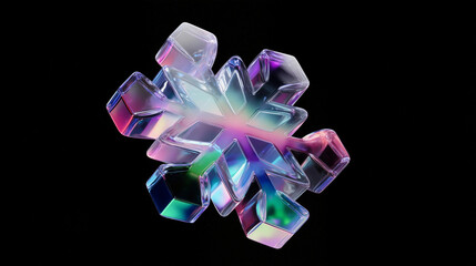 Iridescent glass snowflake shining on black background