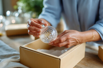 Woman carefully packing clear glass christmas ornament