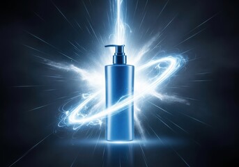 Blue pump bottle with electrifying energy swirls light effect for skincare and beauty products advertising