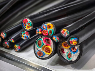 Variety of electrical wires and cables showing different colors and types in a detailed view on the...