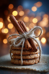 Stack of warm cookies tied with cinnamon and twine