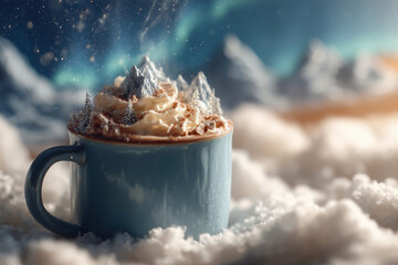 Steaming mug featuring miniature winter wonderland with snow-capped mountains and evergreen trees