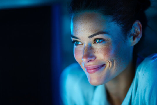 Woman smiling while online shopping on cyber monday