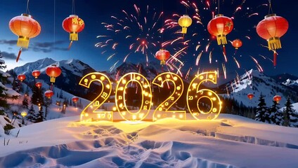 Winter new year celebration scene with 2026 digits lanterns and fireworks over snowy landscape - Powered by Adobe