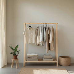 Wooden clothes rack displaying minimalist neutral clothing in modern apartment