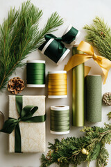 Holiday gift wrapping with natural decorations and ribbons