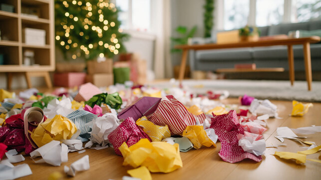 Crumpled wrapping paper from opened christmas presents on floor