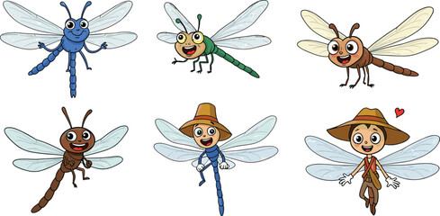 Cute cartoon dragonfly characters set with smiling faces, colorful wings, funny insects, adorable bug mascot, vector illustration for kids education and design
