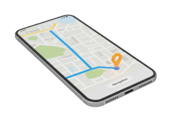 Isolated mobile device, navigation app displays a street map with marker and route display
