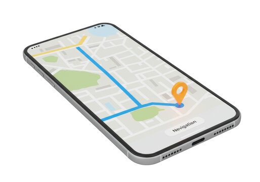 Isolated mobile device, navigation app displays a street map with marker and route display