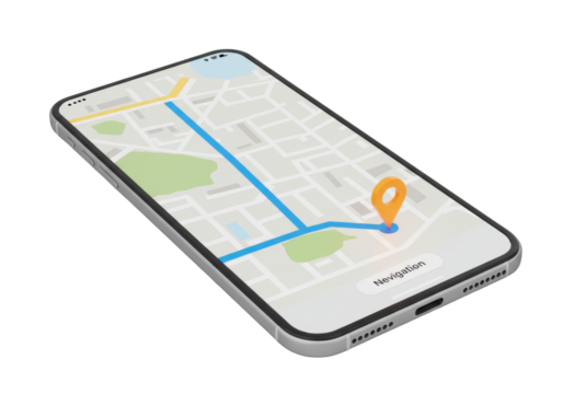 Isolated mobile device, navigation app displays a street map with marker and route display