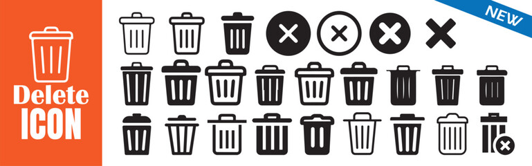 Delete icon set. Trash can symbol and cross sign. Delete button. Delete icon collection