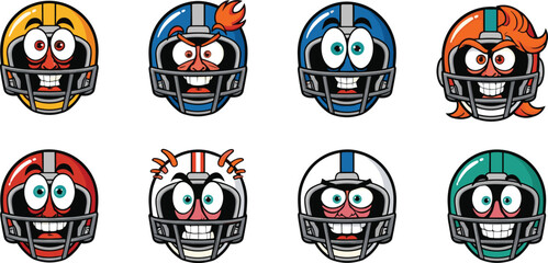 Funny cartoon American football helmet faces set, colorful player expressions vector illustration, cute sports character design, creative team equipment art