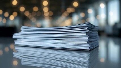 Stack of Organized Documents on Glossy Office Desk with Soft Bokeh Lights in Modern Workspace Creating a Professional Paperwork Concept Scene