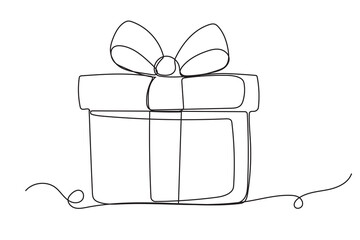 Winter Holiday Gift Box with Bow Ribbon Line Art. Christmas or New year Greeting Card Decoration. Outline Cute Cartoon Christmas Decor Element. Happy Holiday Family Party Invitation Design Symbol