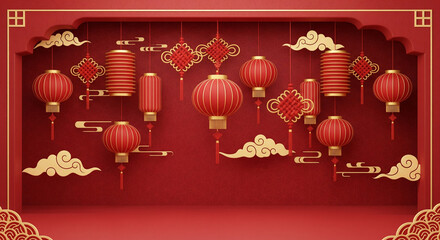 Festive lanterns and ornaments on red background